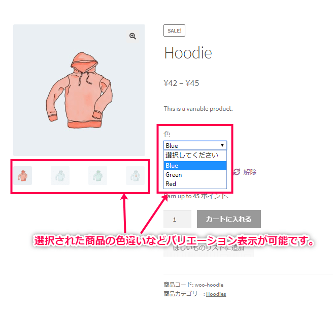 商品のバリエーションごとに複数の画像表示