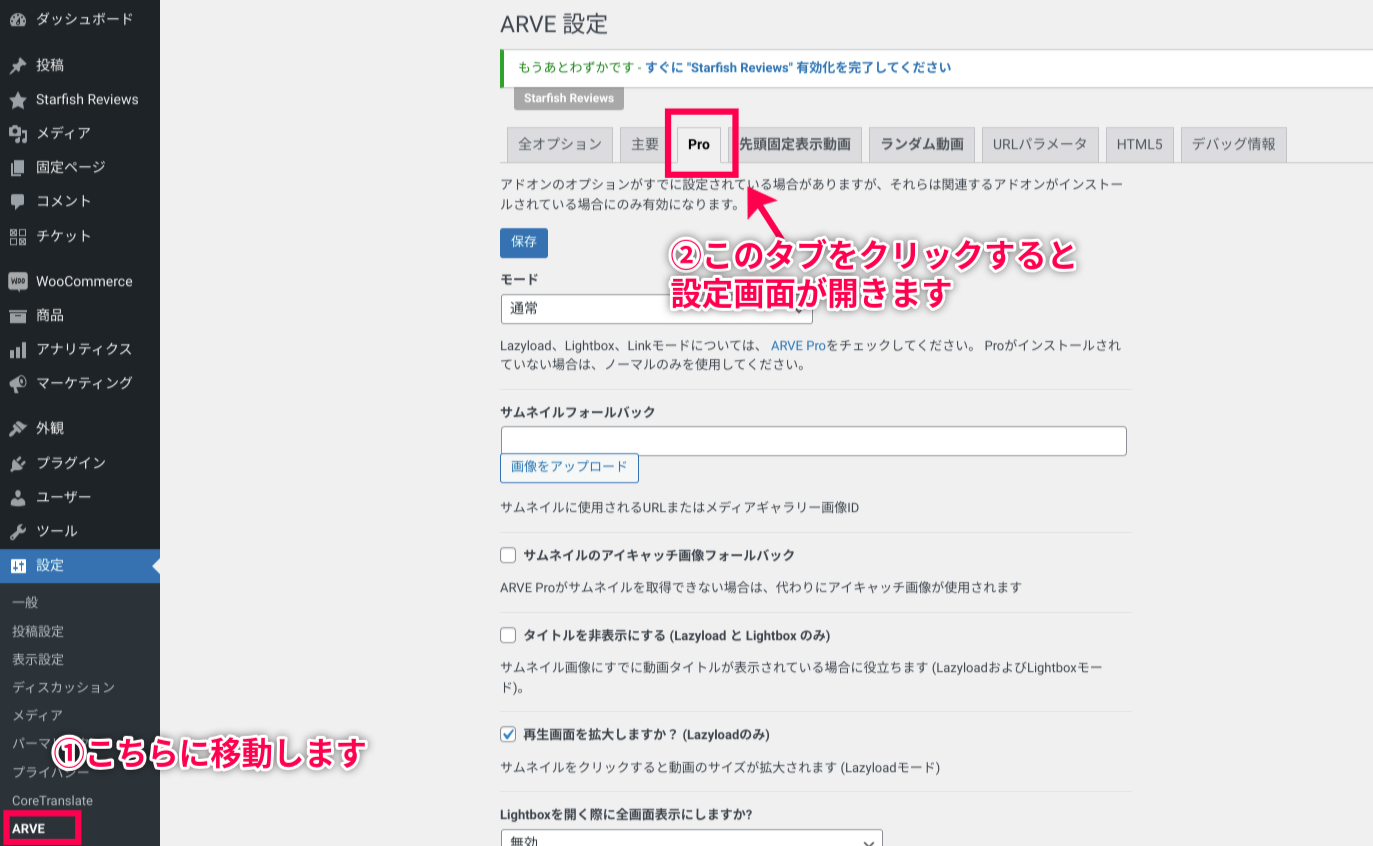 arve-proー設定画面